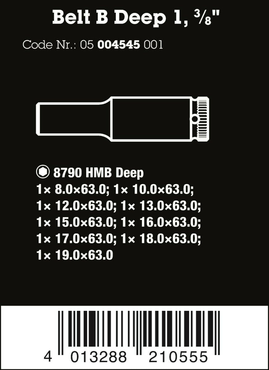 Wera 8790 HMB Belt B Deep 1 Socket Set 3/8" Drive Metric 9 Pieces 05004545001