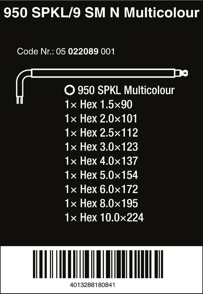 Wera 950 SPKL/9 SM N Multicolour L-Key Set Metric 05022089001