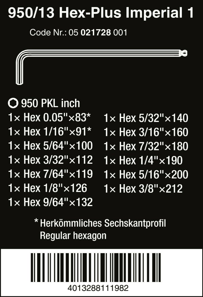 Wera 950/13 Hex-Plus 1 L-Key Set SAE 13 Piece 05021728001