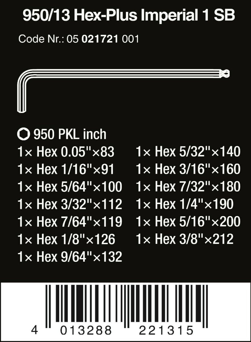 Wera 950/13 Hex-Plus 1 SB L-Key Set SAE 13 Piece 05021721001