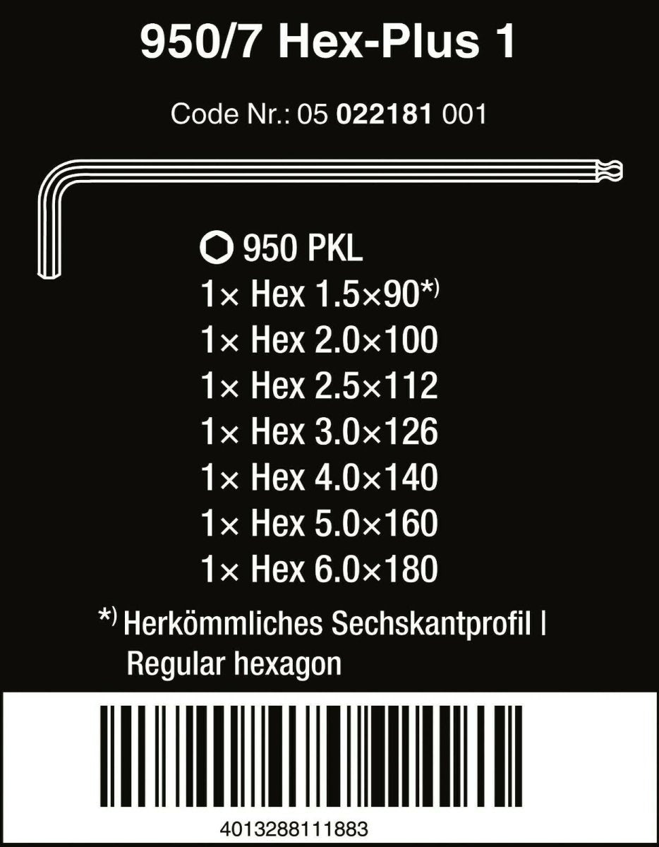 Wera 950/7 Hex-Plus 1 L-Key Set Chrome Plated Metric 7 Pieces 05022181001