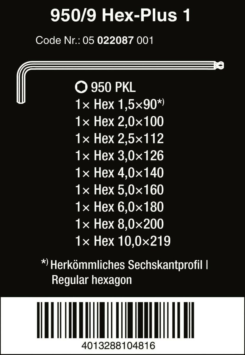 Wera 950/9 Hex-Plus 1 L-Key Set Chrome Plated Metric 9 Pieces 05022087001
