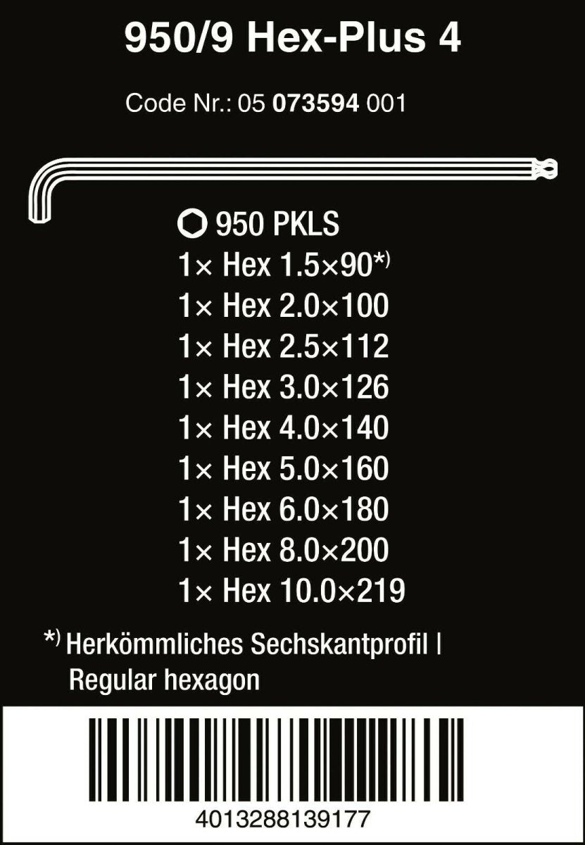 Wera 950/9 Hex-Plus 4 L-Key Set Chrome Plated Metric 9 Pieces 05073594001
