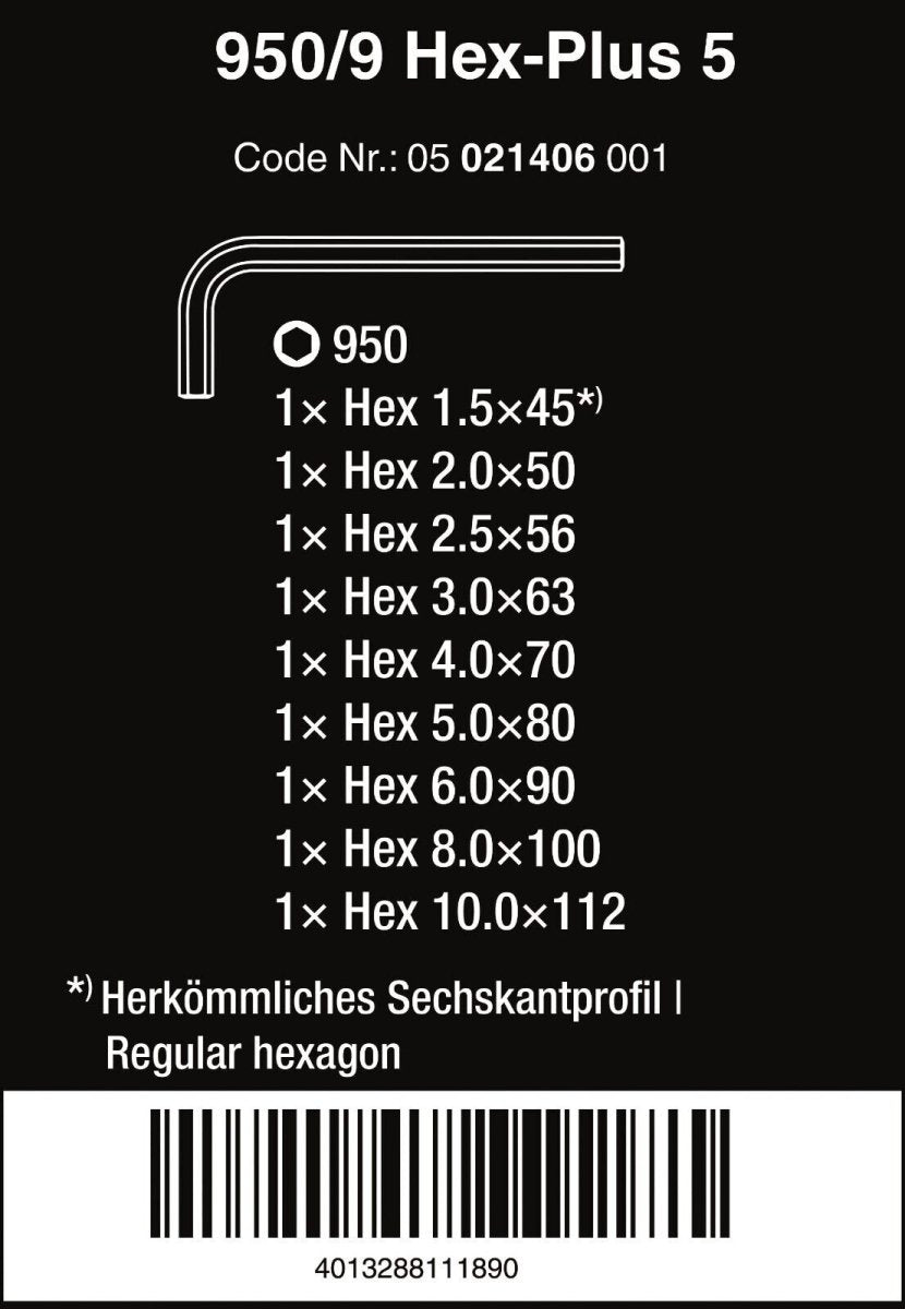 Wera 950/9 Hex-Plus 5 Chrome Plated L-Key Set 9 Piece Metric 05021406001