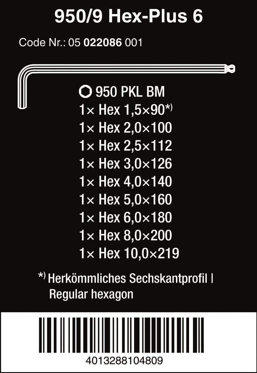 Wera 950/9 Hex-Plus 6 L-Key Set Metric 9 Piece 05022086001