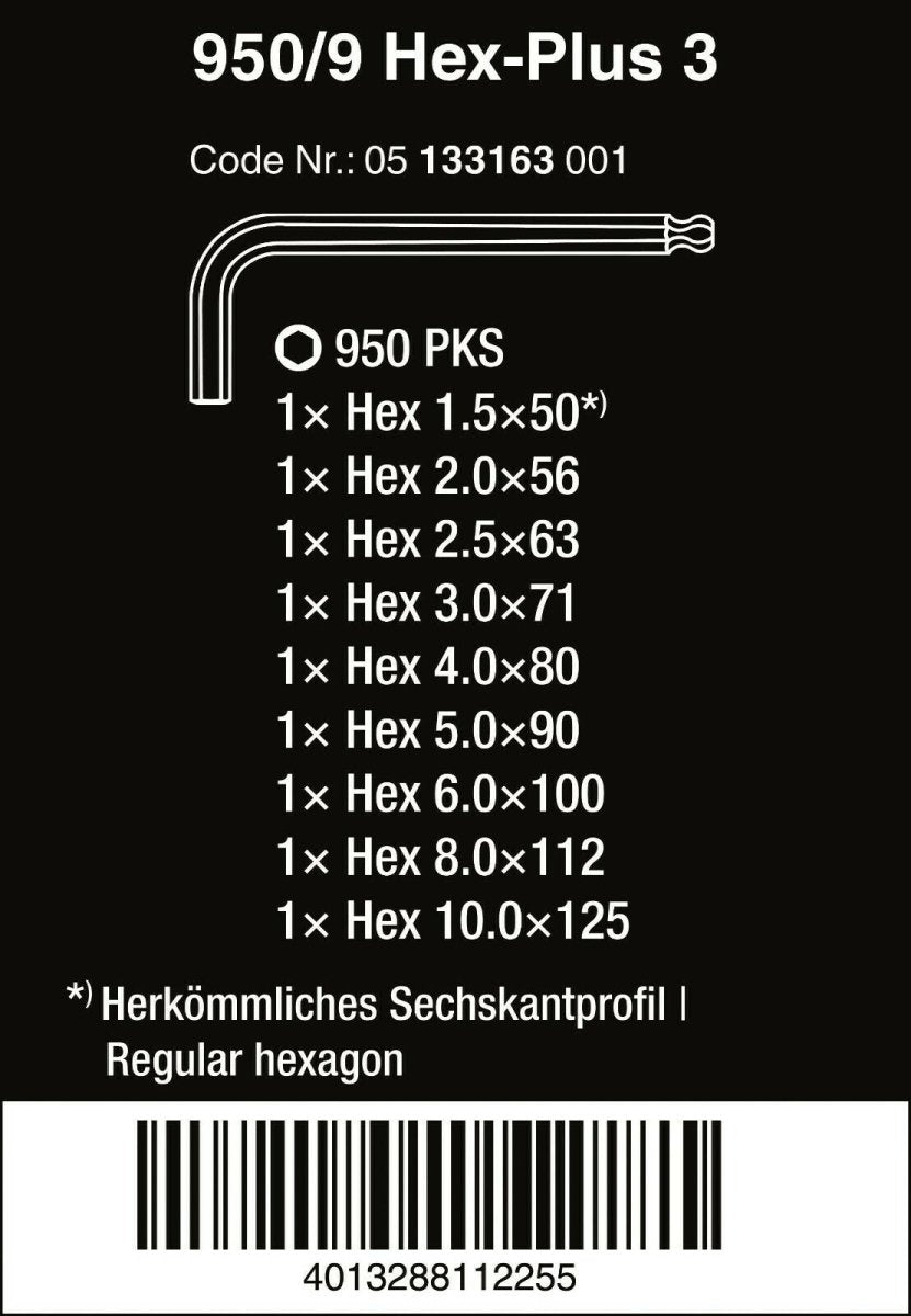Wera 950/9 Hex-Plus L-Key Set 9 Piece Metric 05133163001