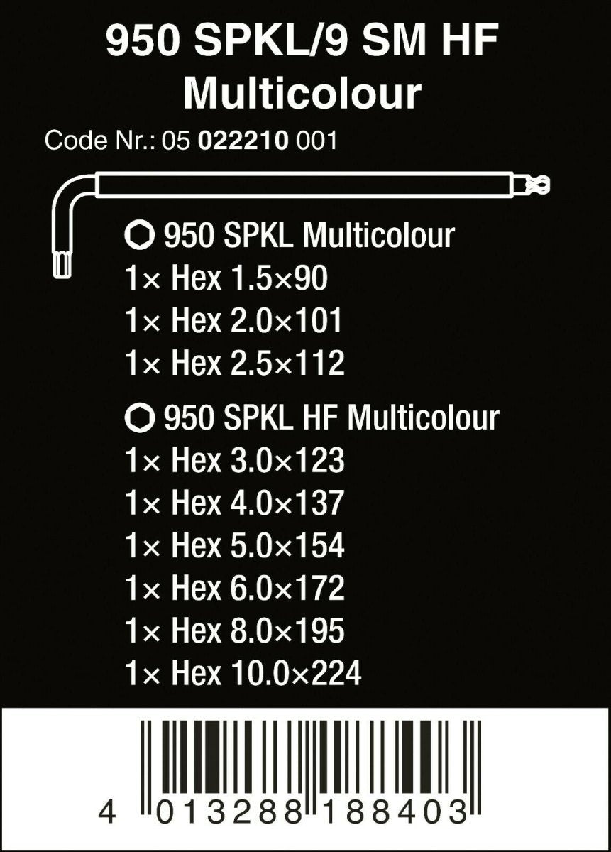 Wera 950/9 HF 1 Hex-Plus Multicolor L-Key Set Metric 9 Pieces 05022210001