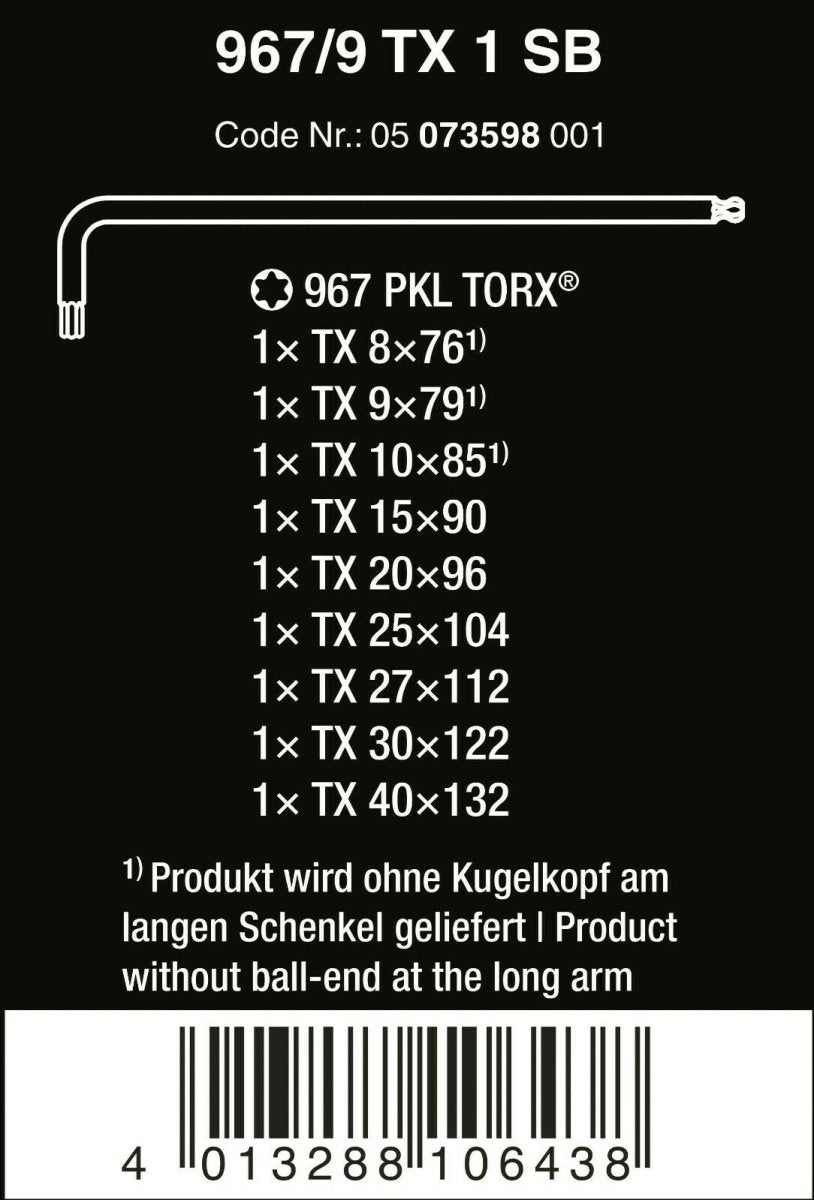 Wera 967/9 TX 1 SB TORX® L-Key Set With Ball End 9 Pieces 05073598001