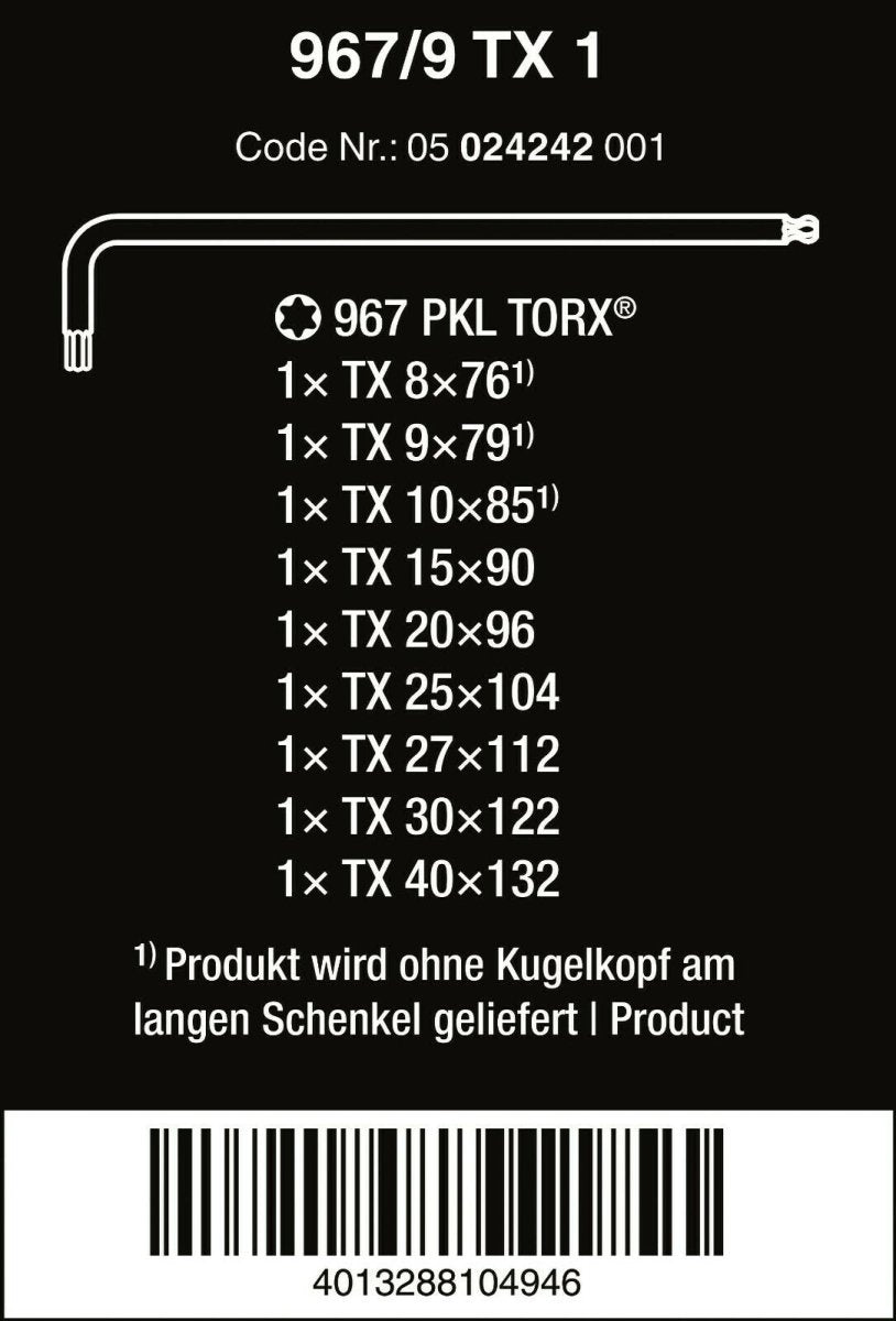 Wera 967/9 TX 1 TORX® L-Key Set With Ball End 9 Pieces 05024242001