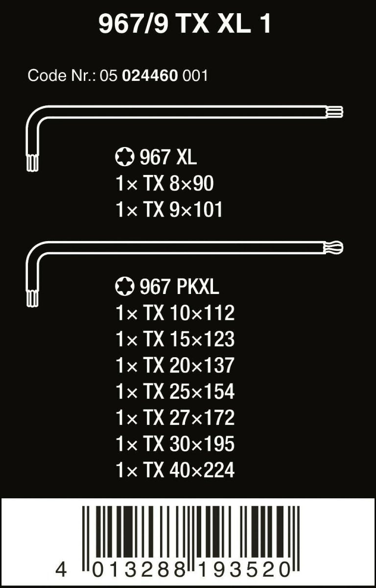 Wera 967/9 TX XL 1 TORX® L-Key Set 9 Pieces 05024460001