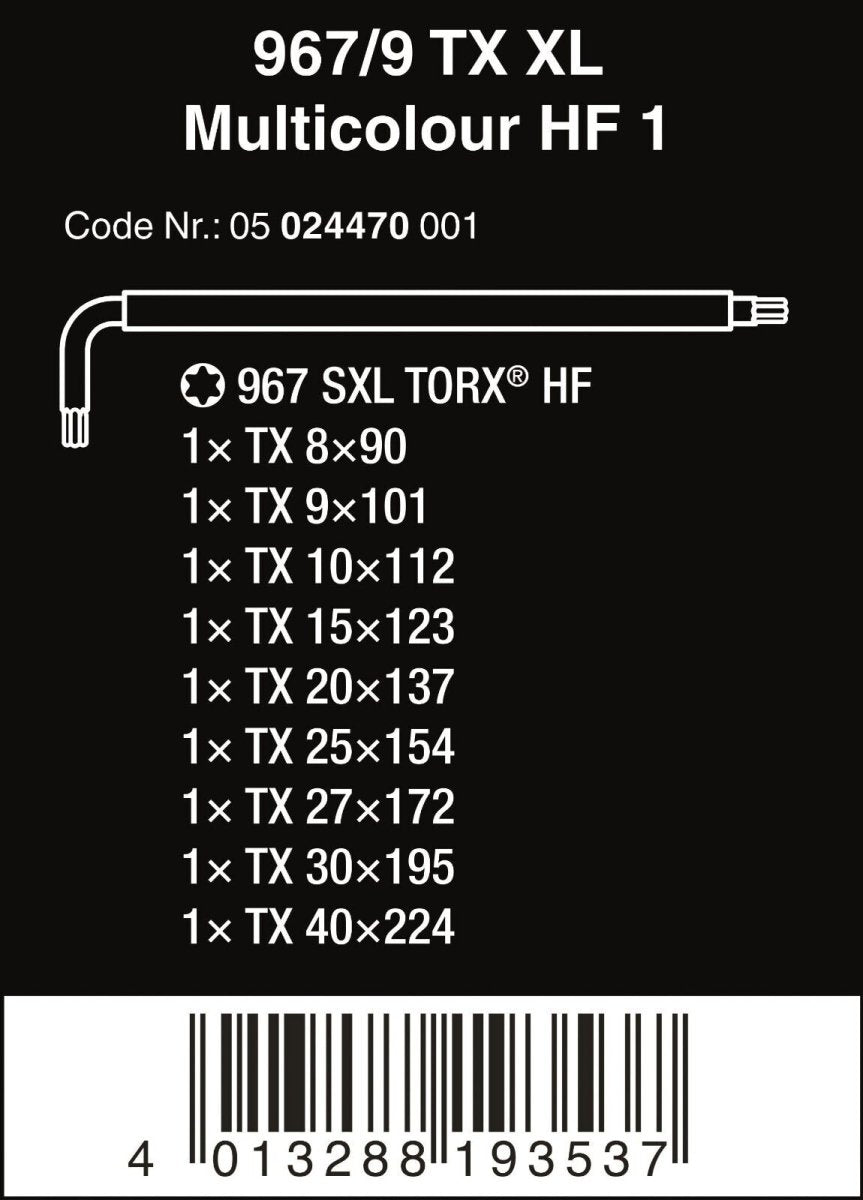 Wera 967/9 TX XL HF 1 TORX® L-Key Set With Holding Function 05024470001
