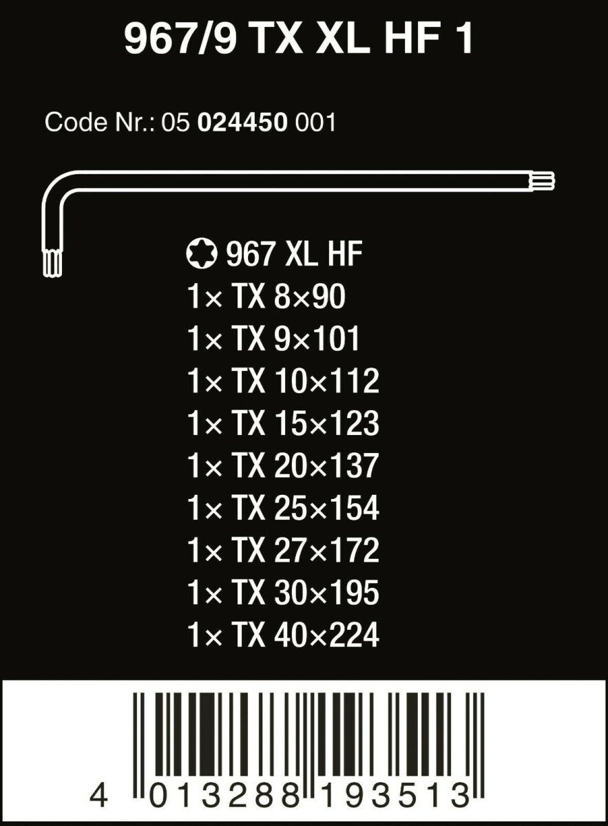 Wera 967/9 TX XL HF 1 TORX® L-Key Set With Holding Function 9 Pieces 05024450001