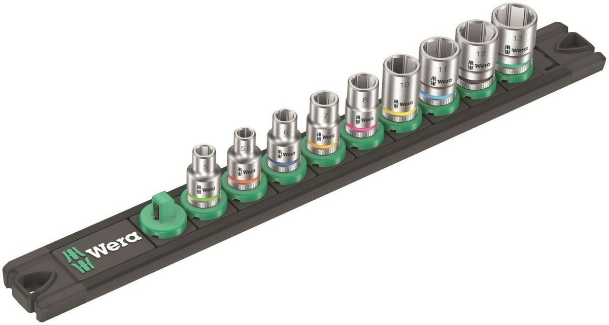 Wera A 4 Zyklop Magnetic Socket Rail Set 1/4" Drive 9 Pieces Metric 05005400001