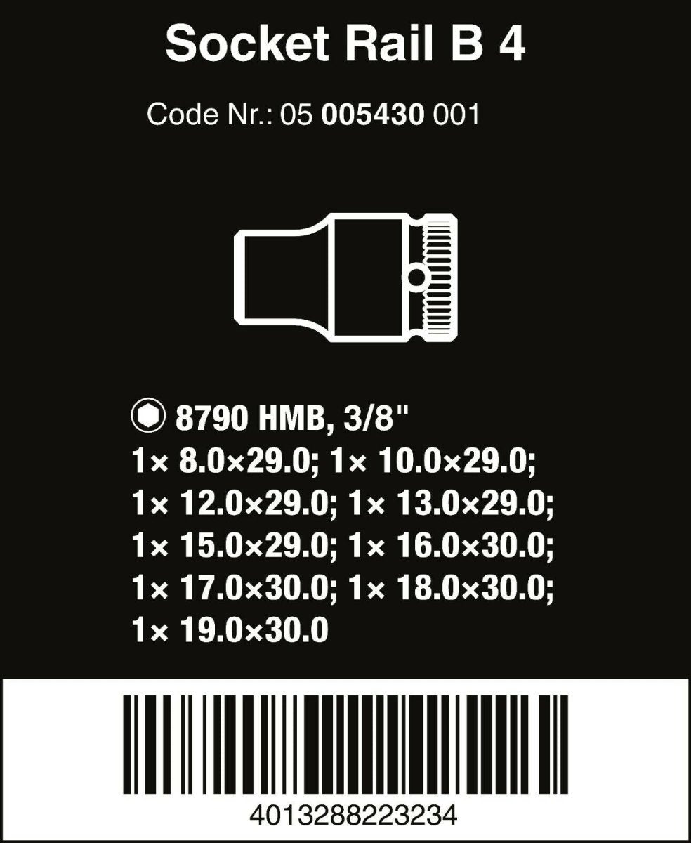 Wera B 4 Zyklop Magnetic Rail Socket Set 3/8" Drive 9 Pieces Metric 05005430001