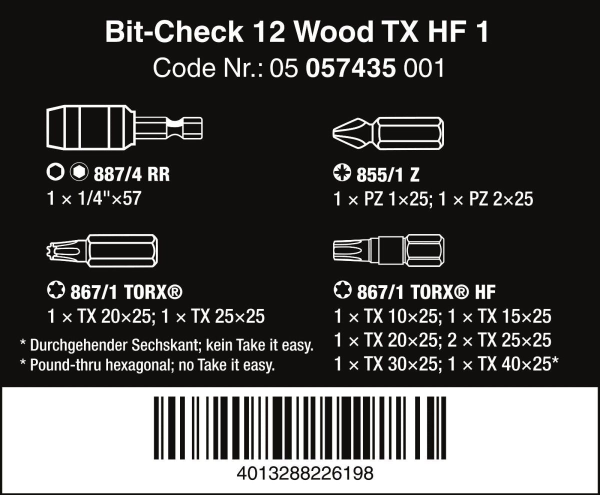 Wera Bit Check 12 Wood TX HF 1 Bits Set 12 Pieces 05057435001