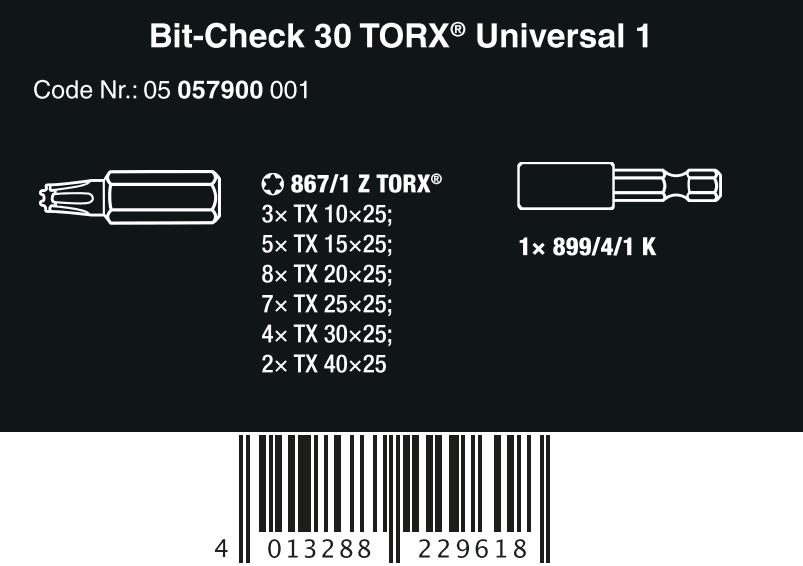 Wera Bit Check 30 TX Universal 1 SB Screwdriver Bit Set 05057900001