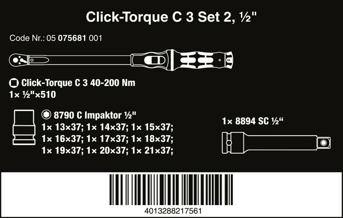 Wera C3 Click-Torque Wrench Set 2 For Cement Screws 1/2" Drive 05075681001