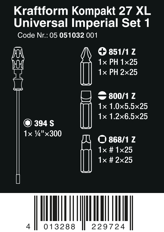 Wera Kraftform Kompakt 27 XL Universal Set 1 Screwdriver Set SAE 05051032001