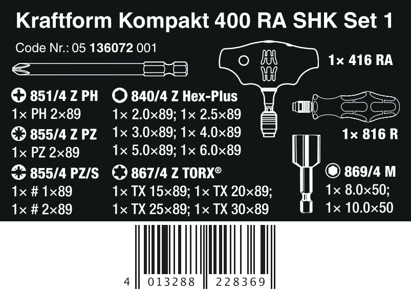 Wera Kraftform Kompakt 400 RA SHK Set 1 HVAC Ratcheting T-Handle Set Metric 05136072001
