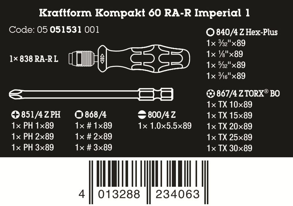 Wera Kraftform Kompakt 60 RA-R Imperial 1 Ratcheting Screwdriver Set 05051531001