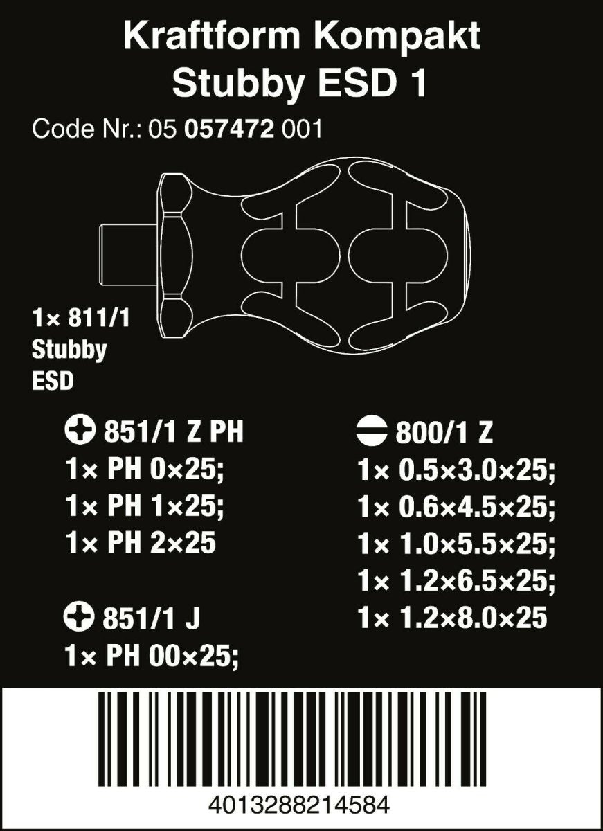 Wera Kraftform Kompakt Stubby ESD 1 Screwdriver Set 10 Piece 05057472001