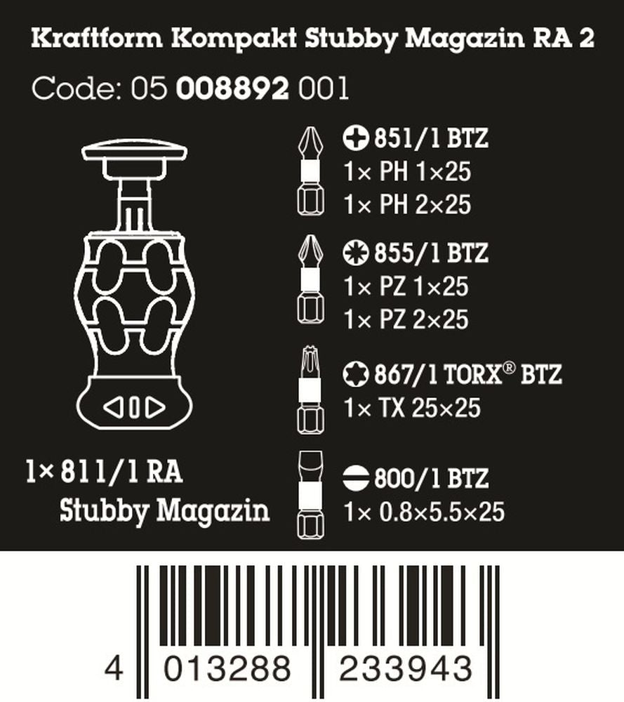 Wera Kraftform Kompakt Stubby Magazine RA 2 Screwdriver Set 6 Pieces 05008892001