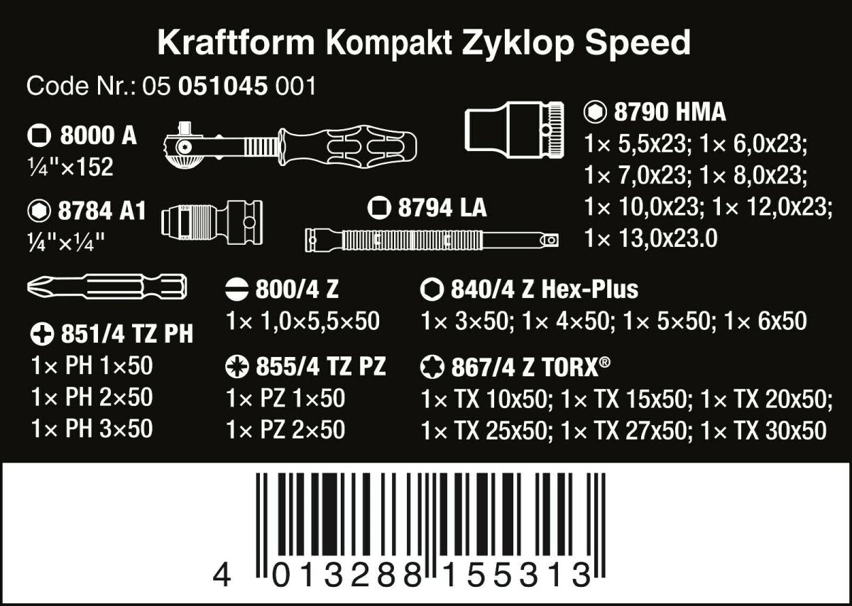 Wera Kraftform Kompakt Zyklop Speed Ratchet Set 1/4" Drive Metric 05051045001