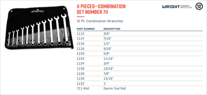 Wright Tool WRIGHTGRIP® 2.0 12 Point Combination Wrench Set 11 Piece SAE 711