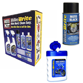 Bike Brite Motorcycle Detailing Kit 67 Fl. Oz., Powder Coated Engine And Wheel Cleaner 9.Fl Oz And White/Blue 3" X 4.5" X 1.5" Bike Wipes