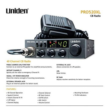 Uniden PRO520XL Pro Series 40-Channel CB Radio. Compact Design. ANL Switch and PA/CB Switch. 7 Watts of Audio Output and Instant Emergency Channel 9. - Black