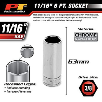 Performance Tool W38322 6-Point Socket, 3/8" Drive, 11/16"