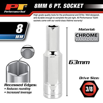 Performance Tool W38408 6-Point Socket, 3/8" Drive, 8mm