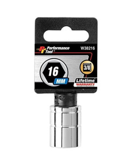 Performance Tool W38216 6-Point Socket, 3/8" Drive, 16mm