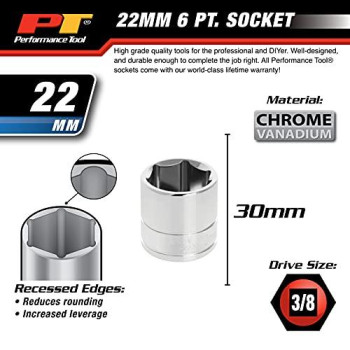 Performance Tool W38222 6-Point Socket, 3/8" Drive, 22mm