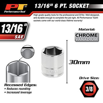 Performance Tool W38026 6-Point Socket, 3/8" Drive, 13/16"