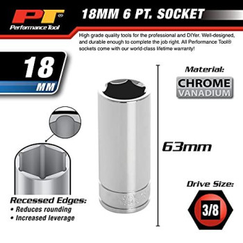 Performance Tool W38418 6-Point Socket, 3/8" Drive, 18mm