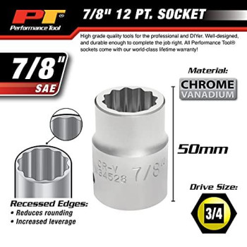 Performance Tool W34528 3/4" Drive 12-Point SAE Standard Socket, 7/8"