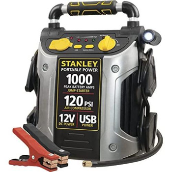 STANLEY J5C09 Portable Power Station Jump Starter: 1000 Peak/500 Instant Amps- 120 PSI Air Compressor- USB Port- Battery Clamps
