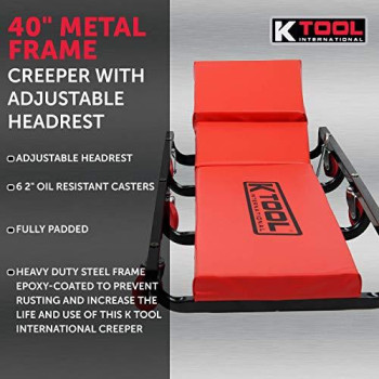 K Tool International 40" Metal Frame Creeper with Adjustable Headrest; Fully Padded, 6 2" Oil Resistant Castors, HEAVY DUTY Steel Frame; KTI74961