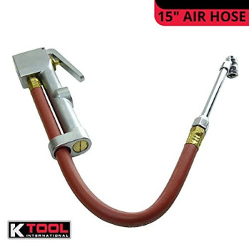 K Tool International Tire Inflator Gauge with Dual-Head Chuck, 15" Air Hose; 10 to 120 Pounds Pressure, Weather Proof Aluminum Body, Chrome Plated, Heavy Duty Use; KTI89002