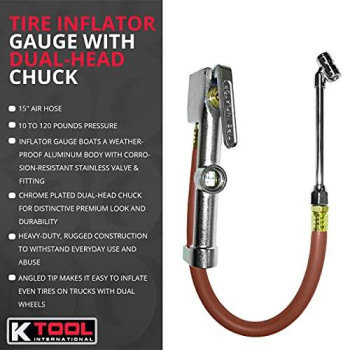 K Tool International Tire Inflator Gauge with Dual-Head Chuck, 15" Air Hose; 10 to 120 Pounds Pressure, Weather Proof Aluminum Body, Chrome Plated, Heavy Duty Use; KTI89002