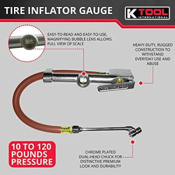 K Tool International Tire Inflator Gauge with Dual-Head Chuck, 15" Air Hose; 10 to 120 Pounds Pressure, Weather Proof Aluminum Body, Chrome Plated, Heavy Duty Use; KTI89002