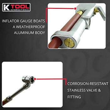 K Tool International Tire Inflator Gauge with Dual-Head Chuck, 15" Air Hose; 10 to 120 Pounds Pressure, Weather Proof Aluminum Body, Chrome Plated, Heavy Duty Use; KTI89002