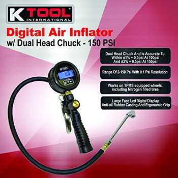 K Tool International 89001 Digital Air Inflator w/Dual Head Chuck, 150 PSI, Die-Cast Body, Large Face Backlit LCD Display, Ergonimic Grip, SS Valve