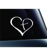 Heart with Cross in Center Decal Sticker Vinyl for Car Auto Christian (3.5", White)