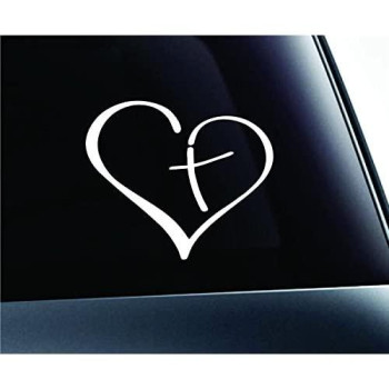 Heart with Cross in Center Decal Sticker Vinyl for Car Auto Christian (3.5", White)