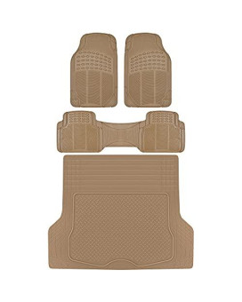 BDK Proliner All Weather Rubber Auto Floor Mats and Trunk Cargo Liner - Front & Rear Heavy Duty Set Fit for Car SUV Van and Truck, 4 Piece, Beige