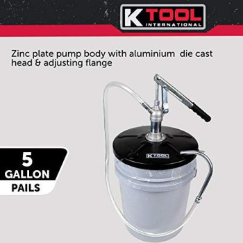 K Tool International Lever Action Bucket Pump, 5 gallon; Transmission & Heavy Oil Transfers, 2.14 OZ Per Stroke, 12" Drum Cover & 4 Foot Hose; KTI73993
