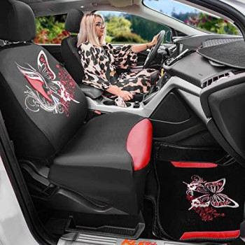 Car Pass 11Pcs Insparation Butterfly Universal Fit Car Seat Covers Set Package-Universal Fit For Vehicles,Cars ,Suvs,Vansairbag Compatiable(Black With Red)