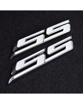 (Set of 2) Slant SS Grill Side Fender Trunk Emblem Badge Decal with Sticker for Chevy IMPALA COBALT Camaro 2010 2011 2012 2013 2014 2015 2016 2017 [white letter with chrome trim]